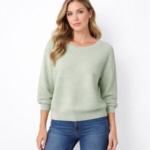 Talbots Sweater Womens Large Green Ribbed 3/4 Balloon Sleeve Knit Pullover